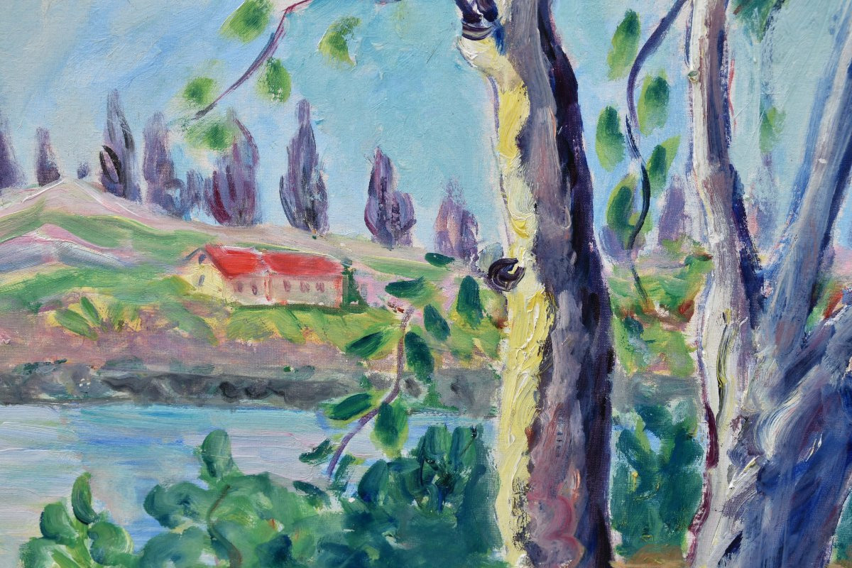 Madeleine ROUART "Bord de rivière"  huile sur carton 46x38-photo-2